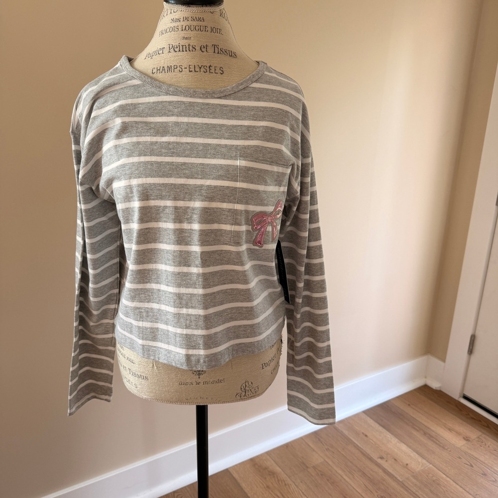 Madden Girl Women's Gray/White Striped Sequined Pink Bow Long Sleeve Size‎ XL